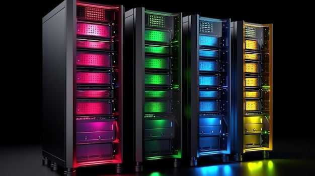 Data center con server rack in una stanza del corridoio Generative Ai