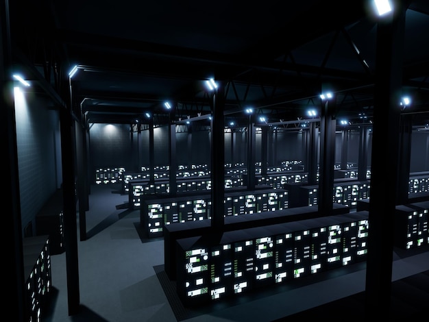 Data center di sicurezza informatica con armadi hardware, moderna sala server con server di hosting per la digitalizzazione. Sala di archiviazione professionale per reti e cloud computing, big data ai.