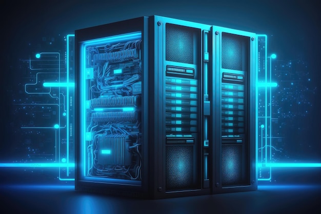Data center e server di computer su sfondo blu