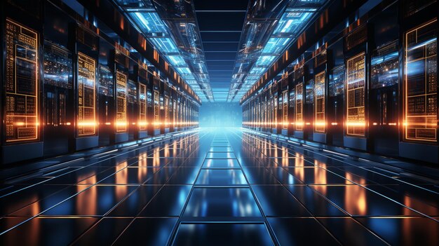 Data center futuristico della sala server AI generativo