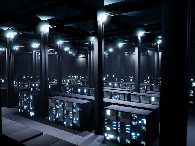 Data center moderno pieno di rack e armadi, nuova rete di sicurezza informatica nella sala server. Mainframe professionale e processore per computer con luci nello spazio della fattoria di rendering digitale.