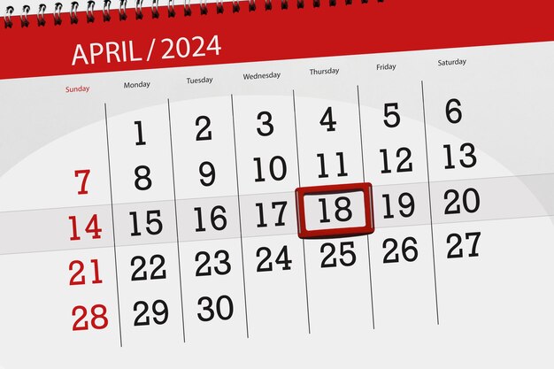 Data di scadenza del calendario 2024 giorno mese pagina organizzatore data aprile giovedì numero 18