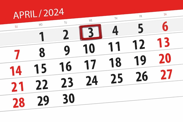 Data di scadenza del calendario 2024 giorno mese pagina organizzatore data aprile mercoledì numero 3