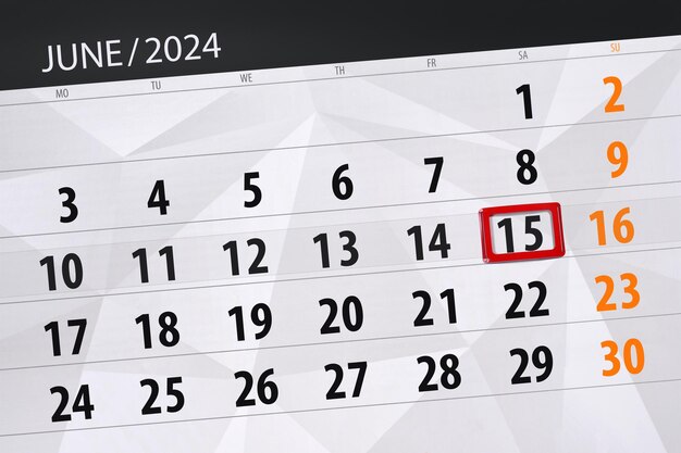 Data di scadenza del calendario 2024 giorno mese pagina organizzatore data giugno sabato numero 15