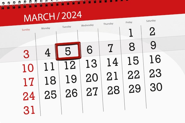 Data di scadenza del calendario 2024 giorno mese pagina organizzatore data marzo martedì numero 5