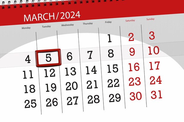 Data di scadenza del calendario 2024 giorno mese pagina organizzatore data marzo martedì numero 5