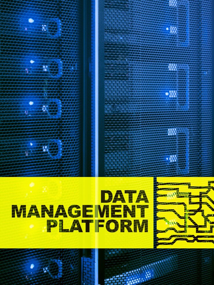 Photo data management and analysis platform concept on server room background
