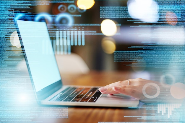 data overlay coder hands and laptop of a it worker with crypto coding and programmer work information technology graphic digital cybersecurity and 3d programming in a office on tech