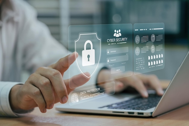 Data protection using cybersecurity and privacy concepts The user is inputting personal password and username to protect private information data encryption with a padlock icon