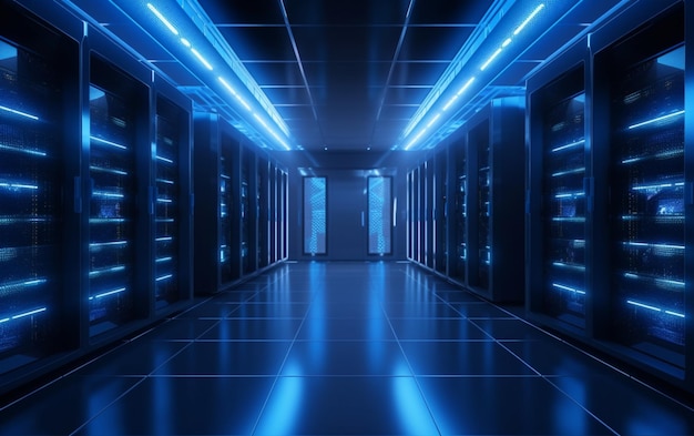 data server racks hub room with big data computer center blue interior for hosting storage hardware