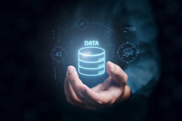 Data visualizzazione data analista e archiviazione icona ologramma virtuale sullo sfondo dello schermo