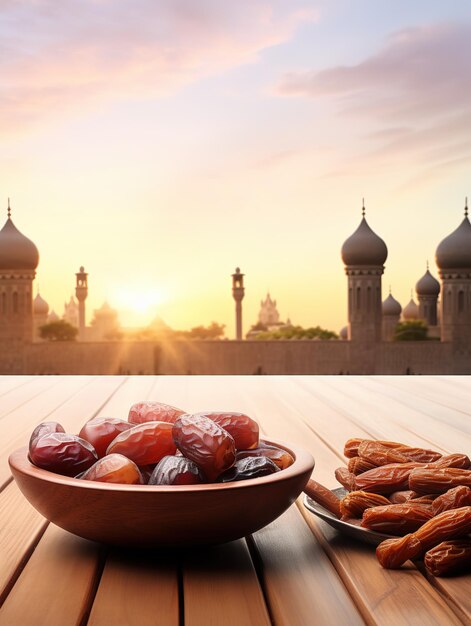 date di ciotola su legno dietro la moschea sfondo ramadan