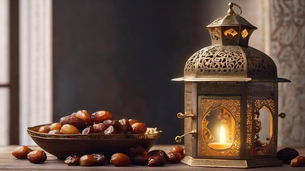 Date lanterna araba e rosario festività islamiche concetto decorazione del Ramadan