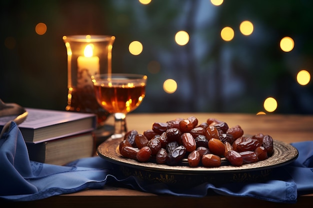 Date su un piatto lanterna e libri Ramadan