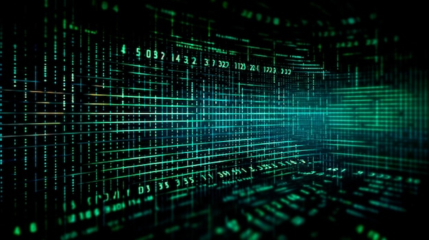 Dati da un flusso digitale o codice binario su uno sfondo a matrice con cifre vettoriali dalla tecnologia di sicurezza virtuale talvolta nota come codice binario o numeri verdi IA generativa