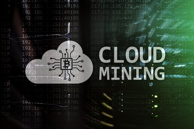 Dati di cloud computing o criptovaluta Bitcoin Ethereum mining nel data center Sfondo della sala server