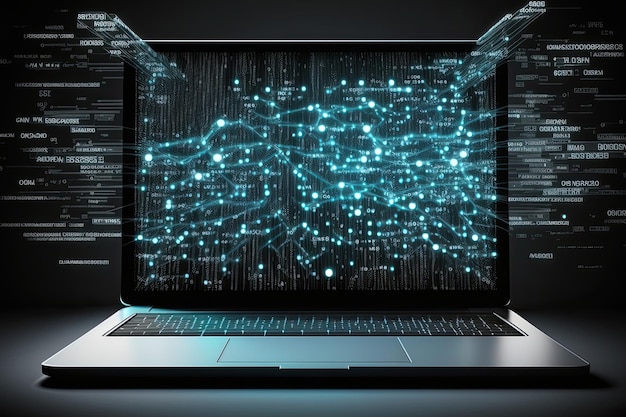 Dati digitali e connessione di rete sullo schermo del laptop Analisi dei big data IA generativa