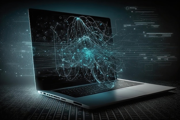 Dati digitali e connessione di rete sullo schermo del laptop Analisi dei big data IA generativa