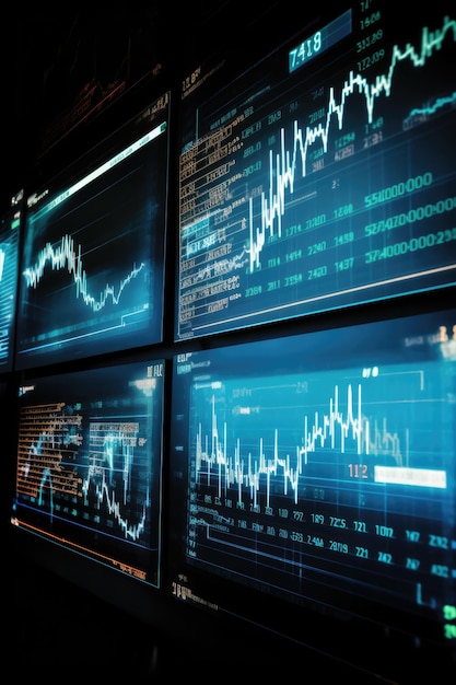 Dati finanziari del mercato azionario visualizzati su schermi creati utilizzando la tecnologia di intelligenza artificiale generativa