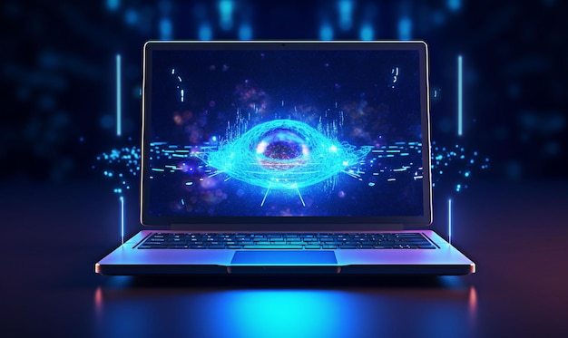 Dati tecnologici sullo schermo del laptop su sfondo blu ai generativa