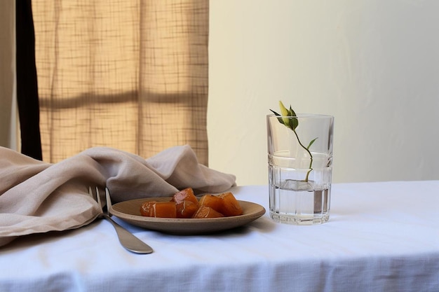 Datteri secchi e un bicchiere d'acqua su un tavolo bianco.