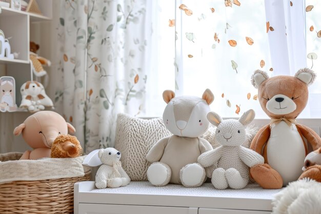 Davanzale accogliente decorato con giocattoli di animali assortiti all'uncinetto