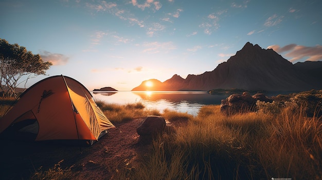 Dawn in the Wild Camping presso Sunrise Generative AI