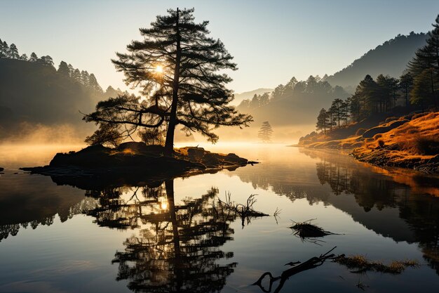 Dawn su colline lago e alberi in toni dorati e serenità generativa IA