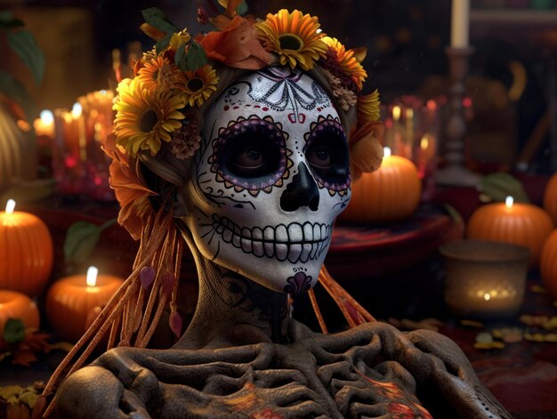 Day of the Dead donna cranio trucco con fiori e candele su sfondo scuro creato con la tecnologia Generative AI