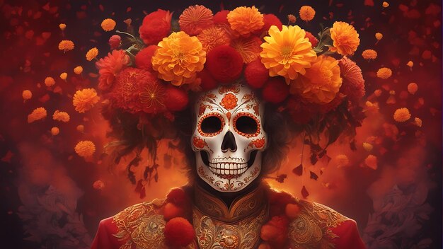 Day of the Dead sullo sfondo con teschio di zucchero e fiori di marigold