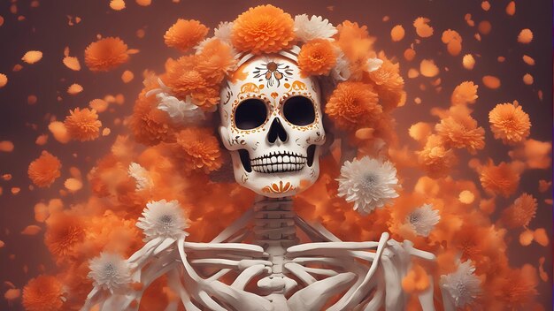 Day of the Dead sullo sfondo con teschio di zucchero e fiori di marigold