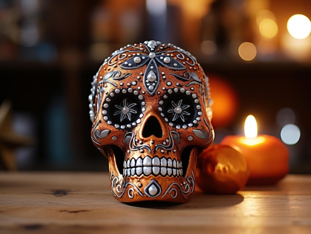 Day of the Dead teschio di zucchero e candele su tavolo di legno close-up