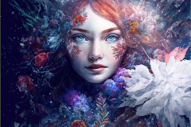 Dea dell'inverno fantasy come spirito avvolto in un abito fluente di blu ghiaccio