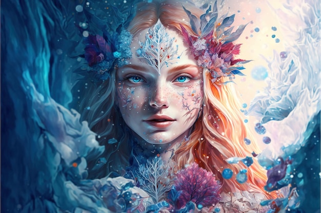 Dea dell'inverno fantasy come spirito avvolto in un abito fluente di blu ghiaccio