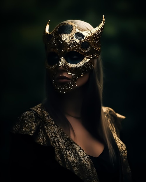 dea fantasy con maschera d'oro Tiger Cheetah e accessori dorati con luci drammatiche