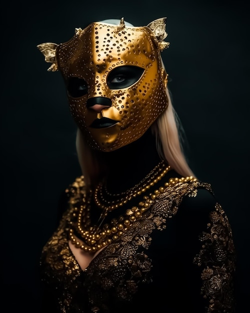 dea fantasy con maschera d'oro Tiger Cheetah e accessori dorati con luci drammatiche