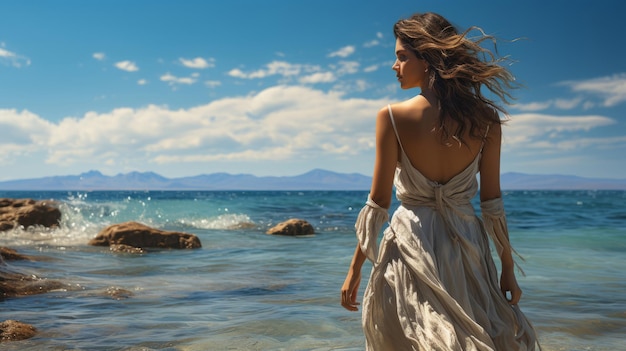 Dea greca in piedi maestosa sullo sfondo di un mare blu e un cielo blu