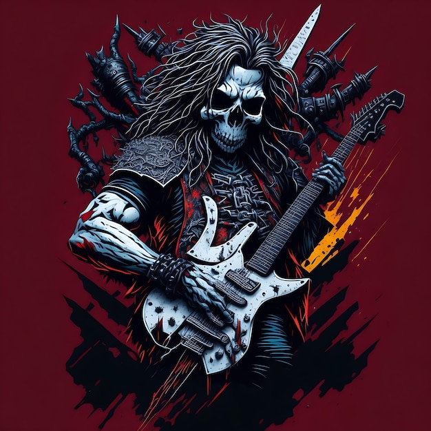 Death metal music ghost artwork horror art e illustrazione heavy metal Skeleton con chitarra Ai