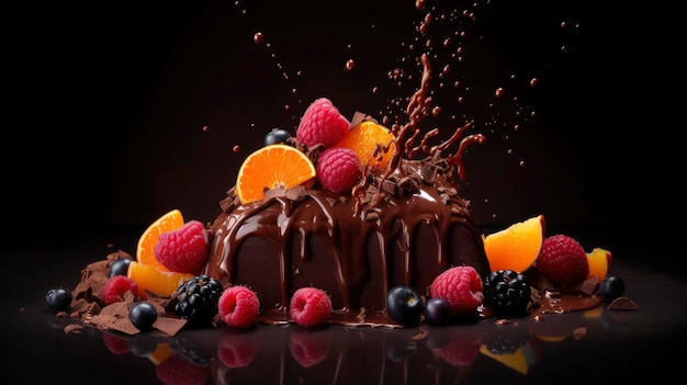 Decadente dessert al cioccolato con frutta che esplode Un'esplosione di sapori