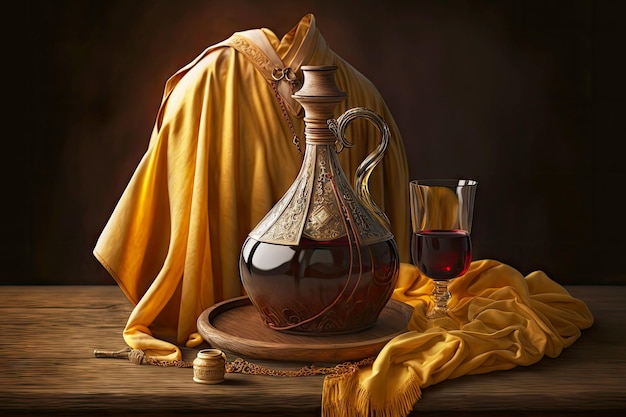 Decanter con vino pieno di abito bordeaux dorato su tavola di legno