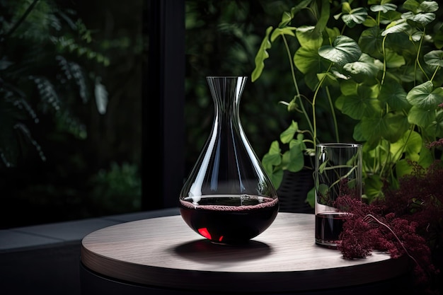 Decanter con vino rosso immerso nel verde in un ambiente minimalista