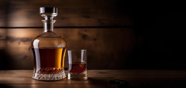 Decanter di vetro di whisky su fondo di legno panoramico scuro