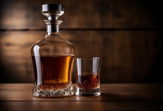 Decanter in vetro per whisky su sfondo di legno scuro IA generativa