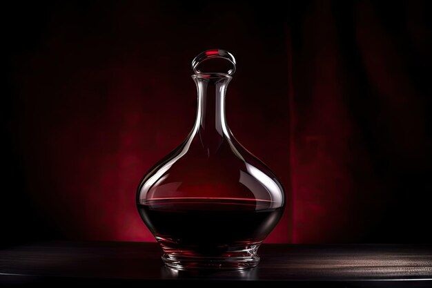 Decanter pieno di vino rosso rubino circondato da uno sfondo scuro