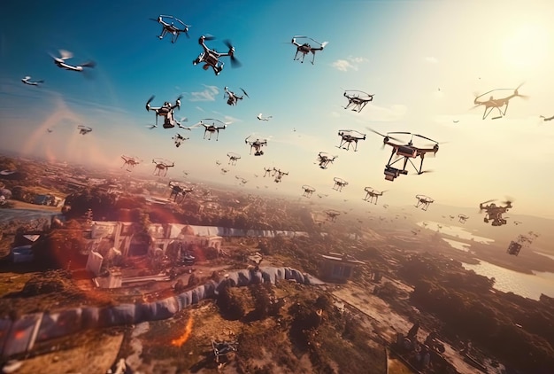 Decine di droni sciamano nel cielo azzurro