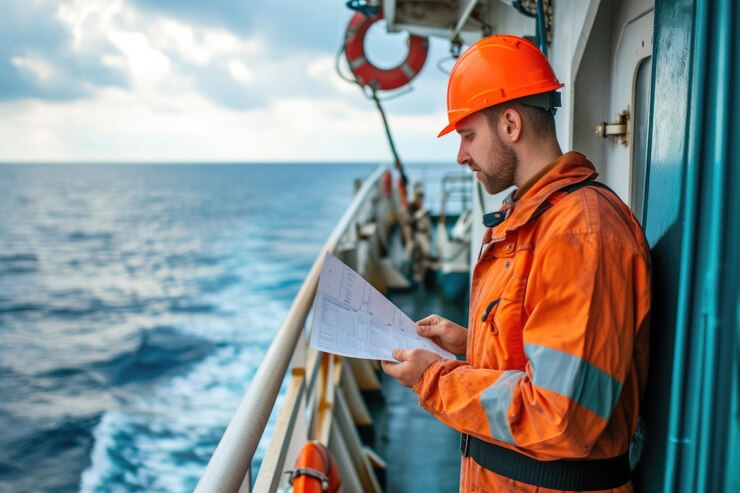 Deck Officer on deck of vessel or ship fills checklist