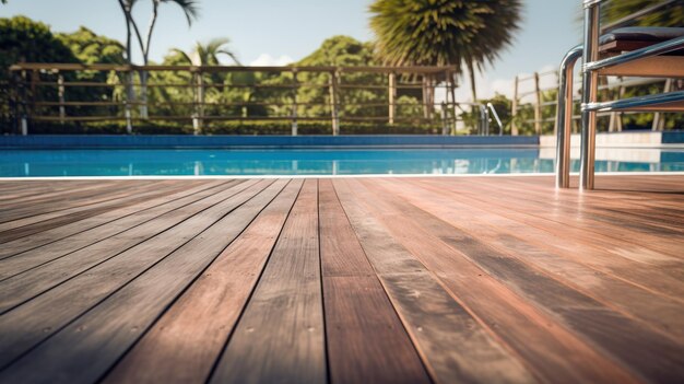 Decking in legno di fronte a una piscina con alberi sullo sfondo