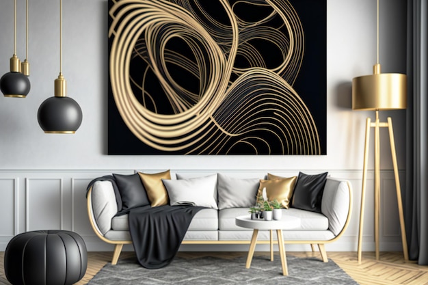 deco astratto in colori di design nero e oro sul muro in un interno neurale in stile minimalista