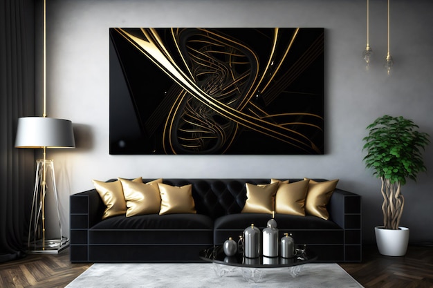 deco astratto in colori di design nero e oro sul muro in un interno neurale in stile minimalista