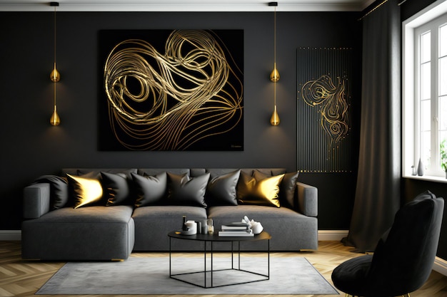 deco astratto in colori di design nero e oro sul muro in un interno neurale in stile minimalista